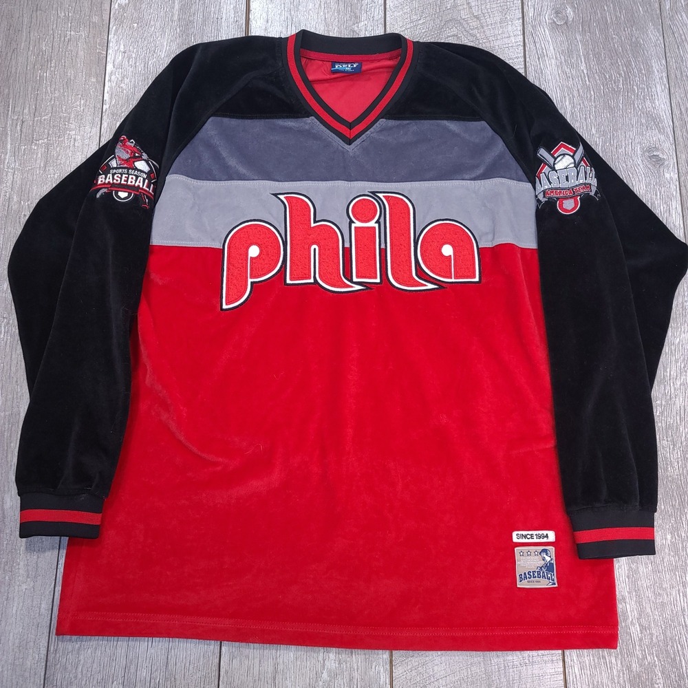 Delf Baseball Jersey Mens XL Red Phila Velour Colorblock Long Sleeve V-Neck Y2K